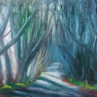 Landscape painting of avenue of beech trees along Bregagh Road in County Antrim. By Irish artist David McCormack