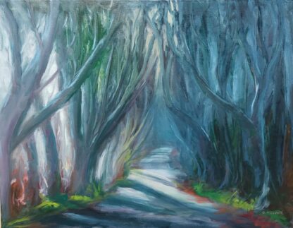 Landscape painting of avenue of beech trees along Bregagh Road in County Antrim. By Irish artist David McCormack