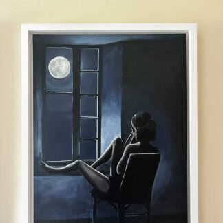 This painting features hues of Prussian blue, grey, white and black. It depicts a woman sitting in front of a window, as the hours go by. She is bathed in moonlight, and the scene is lonely and stark. No one else is awake. The painting is framed in a white handmade poplar wood shadow frame.