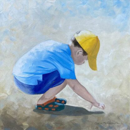 Original oil painting of a young boy playing at the beach. Deep edged canvas, ready to hang- no frame required.