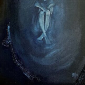 This painting depicts a woman floating in nothingness in a fetal position.