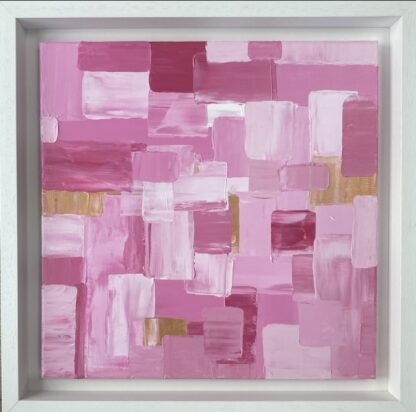 Original abstract painting for sale of pink marshmallows on stretched canvas. Framed & ready to hang