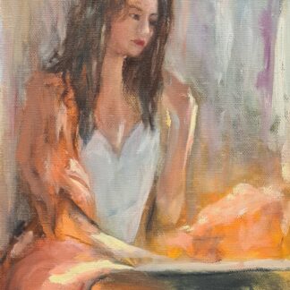 Figurative painting of a woman waiting in a restaurant