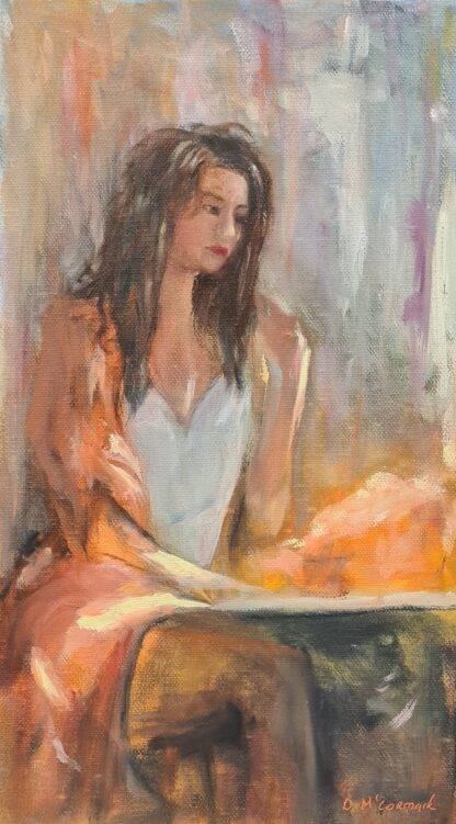 Figurative painting of a woman waiting in a restaurant