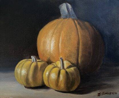 captivating oil painting on Dibond, showcasing small Jack-Be-Little Pumpkins of the Heirloom variety nestled against a larger pumpkin.