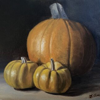 captivating oil painting on Dibond, showcasing small Jack-Be-Little Pumpkins of the Heirloom variety nestled against a larger pumpkin.