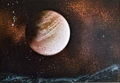 Own a piece of the cosmos! This one-of-a-kind spray-painted planet paintings are available for purchase. Intergalactic wonder into your home.