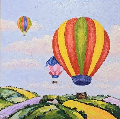 oil painting that captures the whimsy and joy of hot air balloons soaring through the sky. Created using palette knives, this piece is alive with vibrant colors and dynamic textures, inviting viewers to experience the exhilaration of flight.