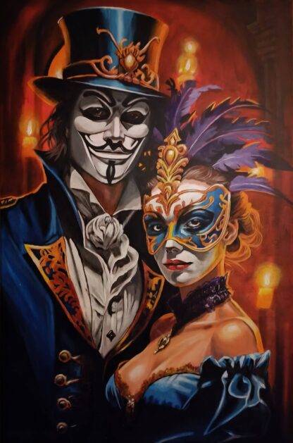 "Masquerade" is a figurative painting that explores the intricate dance of identities behind the façade of masks. In this captivating artwork, the artist delves into the depths of human expression, revealing the layers of personas we adopt in the masquerade of life.