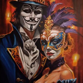 "Masquerade" is a figurative painting that explores the intricate dance of identities behind the façade of masks. In this captivating artwork, the artist delves into the depths of human expression, revealing the layers of personas we adopt in the masquerade of life.