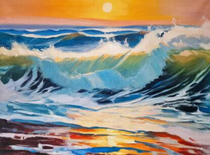 "Twilight Tide," a captivating oil painting, the artist masterfully captures the allure of larger waves at sunset. The canvas bursts to life with the warm, golden glow of the setting sun,