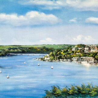 Immerse yourself in the captivating masterpiece of a panoramic oil on canvas, measuring 47" x 18", that transports viewers to the enchanting Kinsale Harbour in Cork, Ireland.