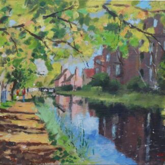 Acrylic strokes breathe life into the tranquil painting of a serene afternoon along Dublin's Grand Canal in Dublin