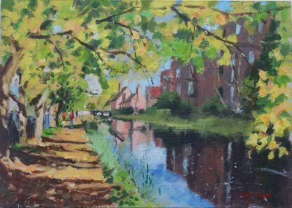 Acrylic strokes breathe life into the tranquil painting of a serene afternoon along Dublin's Grand Canal in Dublin