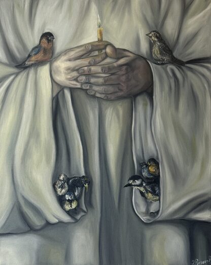 Original Oil Painting: Man with Candle and Birds"This compelling artwork delves into religious painting the expressions of faith among us