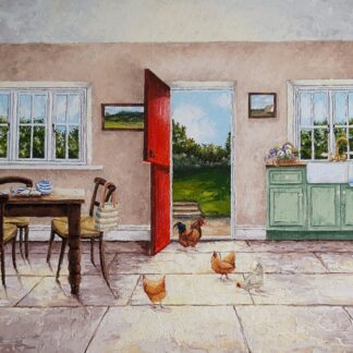 Oil Painting of the Interior of an Irish Farmhouse"Step into the warmth and charm of rural Ireland with this evocative oil painting