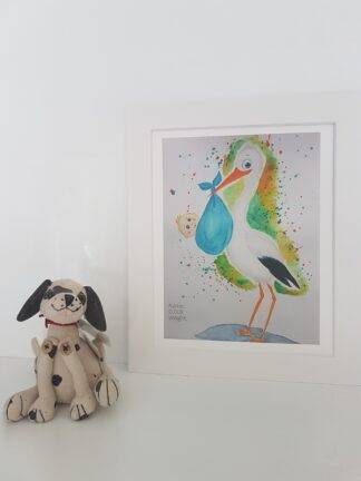 Print of Original Watercolor Painting. This charming print captures the tender bond between a stork and its precious bundle.