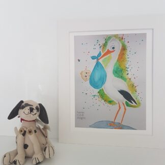 Print of Original Watercolor Painting. This charming print captures the tender bond between a stork and its precious bundle.