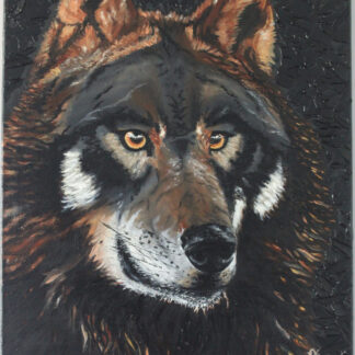 Original oil painting featuring a majestic black-brown wolf on canvas.