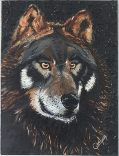 Original oil painting featuring a majestic black-brown wolf on canvas.