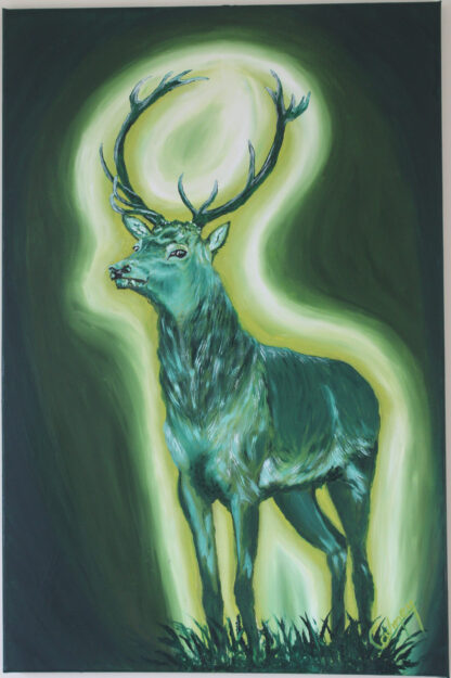 Green Magical Stag: Original Oil on Canvas Painting"Step into the enchanting realm of fantasy with this original oil on canvas painting