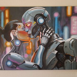 "Artificial'2" is a painting of two robots in a romantic embrace. This piece of art celebrates the unique connection between humans and technology.