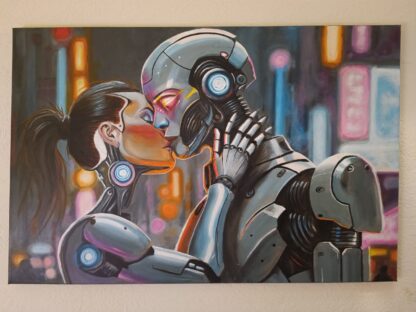 "Artificial'2" is a painting of two robots in a romantic embrace. This piece of art celebrates the unique connection between humans and technology.