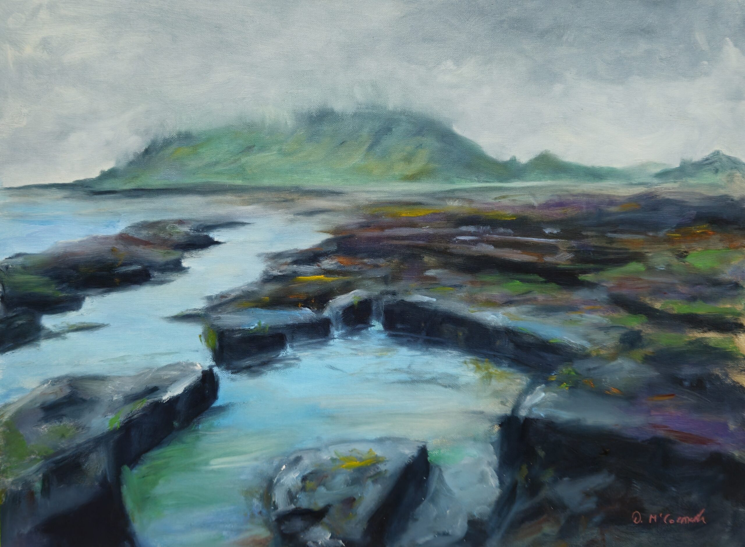 Landscape painting of a rock pool at a sea inlet