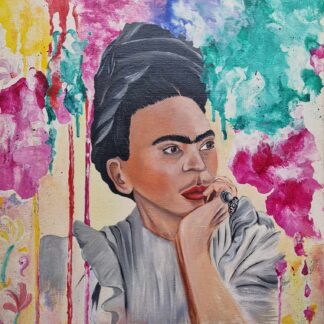 Vibrant painting of Frida Kahlo surrounded by a splash of colors which reflects her bold spirit and passionate personality.