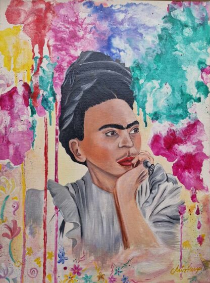 Vibrant painting of Frida Kahlo surrounded by a splash of colors which reflects her bold spirit and passionate personality.