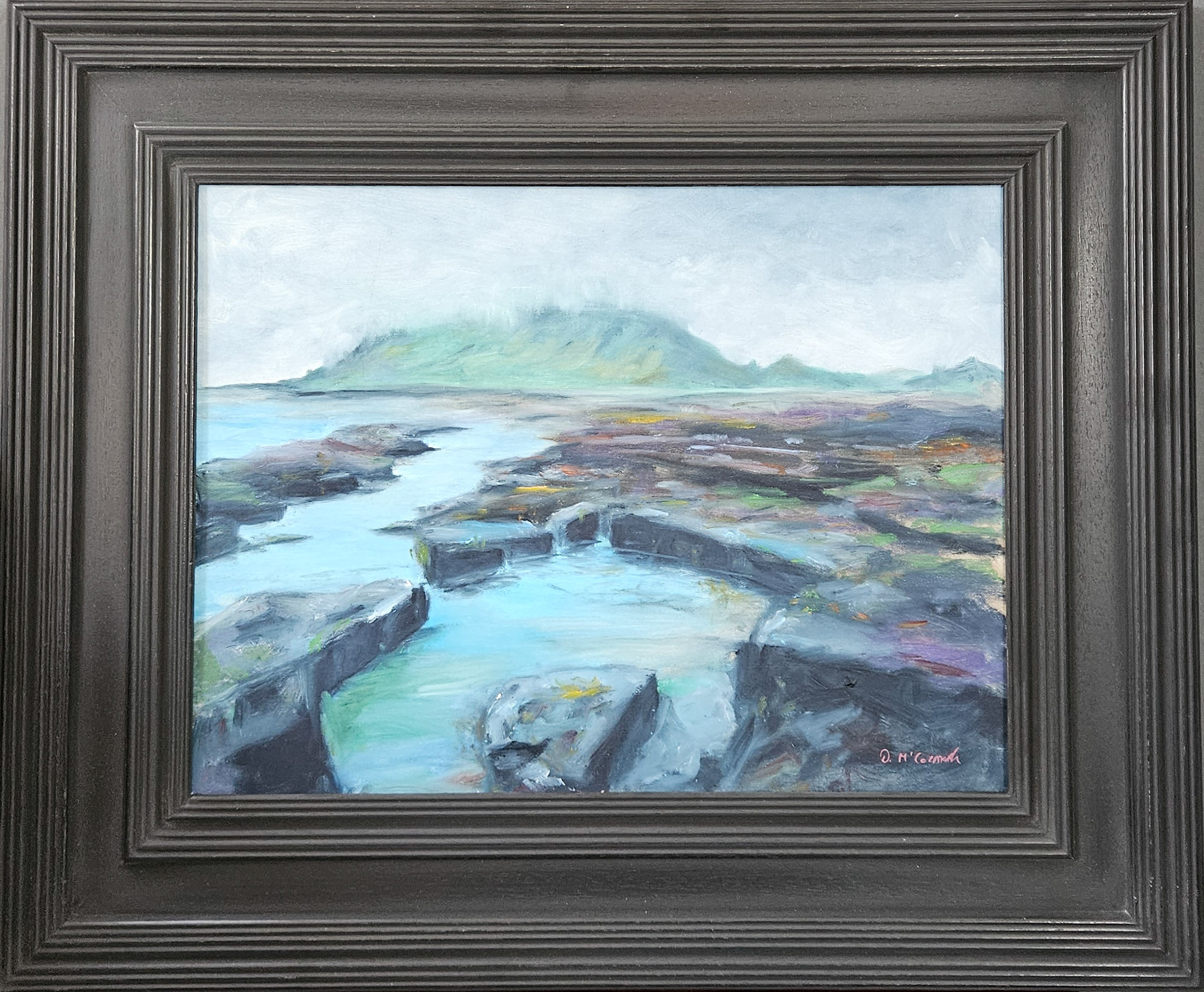 Landscape painting of a rock pool at a sea inlet in Sligo. Oil on canvas