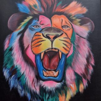 vibrant painting of a lion in bright acrylics against deep black canvas, attracting attention with its intense presence showing us