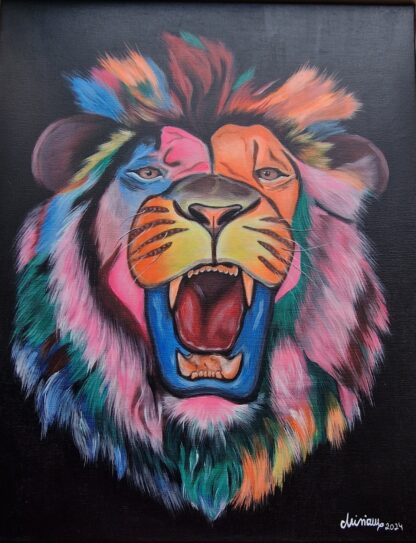 vibrant painting of a lion in bright acrylics against deep black canvas, attracting attention with its intense presence showing us