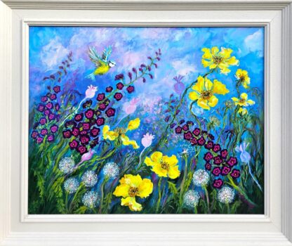 An original floral acrylic painting on a primed gallery canvas. Professionally framed in a bespoke white wood frame.