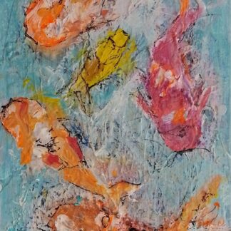 abstract style painting of koifish swimming against an azure blue sea. Oranges, pink and yelliw feature