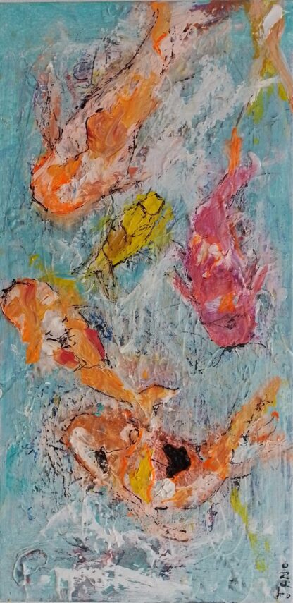 abstract style painting of koifish swimming against an azure blue sea. Oranges, pink and yelliw feature