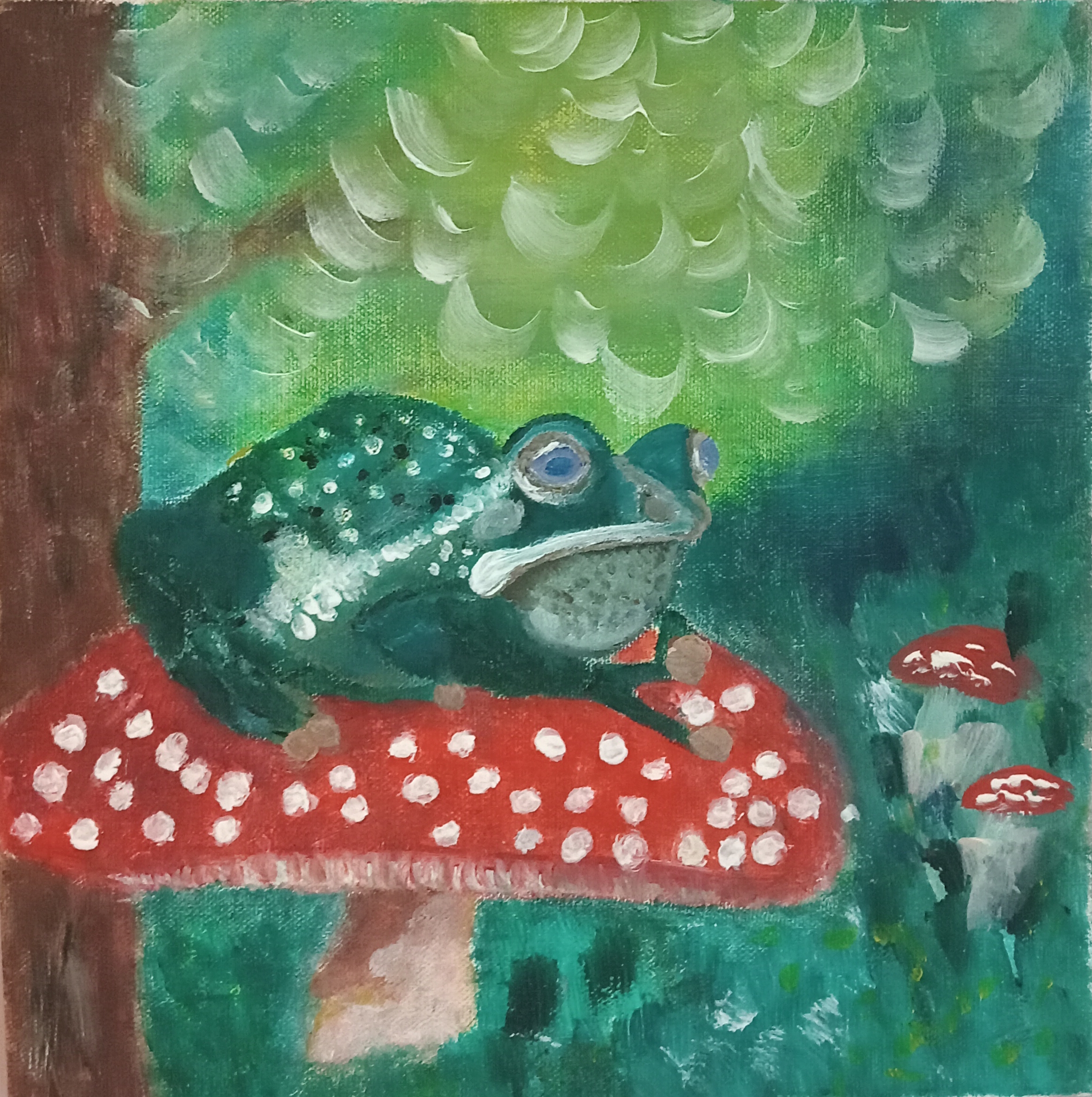 Painting of a Lady Frog sitting on a Toadstool. Check out more of our art for sale by Irish artists on art4you.ie