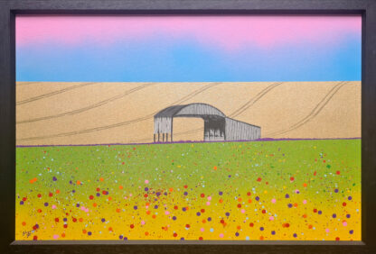 "The Alchemist's Barn" is a painting created with spray paint, acrylic and glitter. The image tells a simple tale: an empty barn