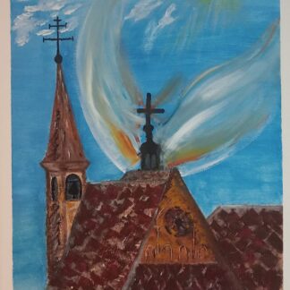 Painting of a church roof with a bright sky. When it was time to start painting the birds my hand went into an unexpected direction