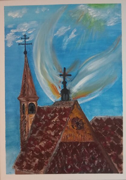 Painting of a church roof with a bright sky. When it was time to start painting the birds my hand went into an unexpected direction