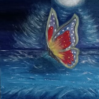 A Butterfly Angel painting above the sea, oil on canvas, copie, framed