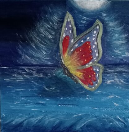 A Butterfly Angel painting above the sea, oil on canvas, copie, framed