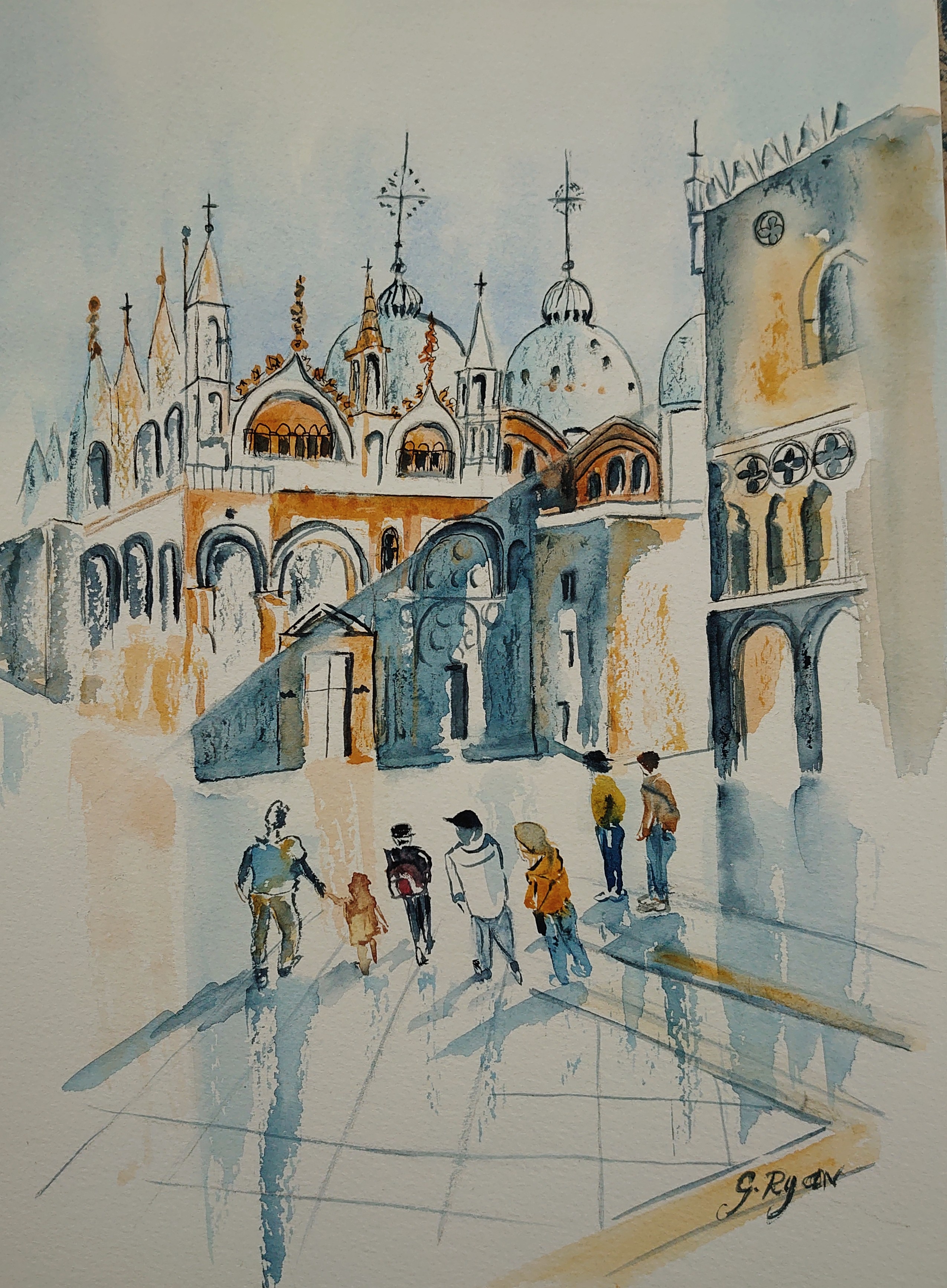 Original watercolour painting of The famous Basicila in Venice. Painted by Irish artist Geraldine Ryan.