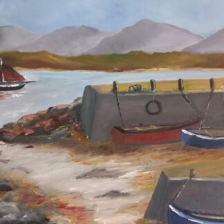 original oil painting vividly captures the serene beauty of the harbour near the Monastery in Roundstone, Connemara.