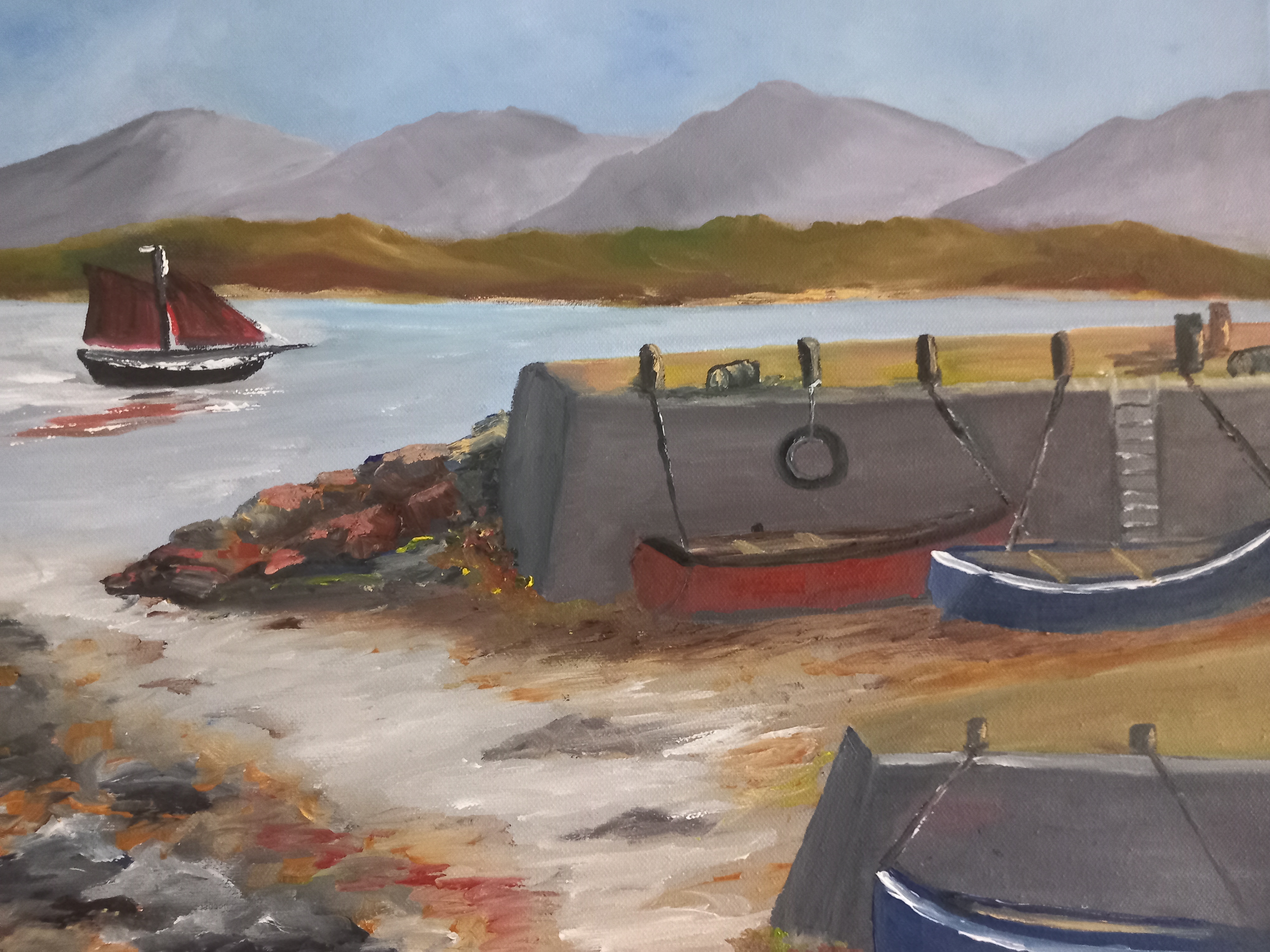 original oil painting vividly captures the serene beauty of the harbour near the Monastery in Roundstone, Connemara.