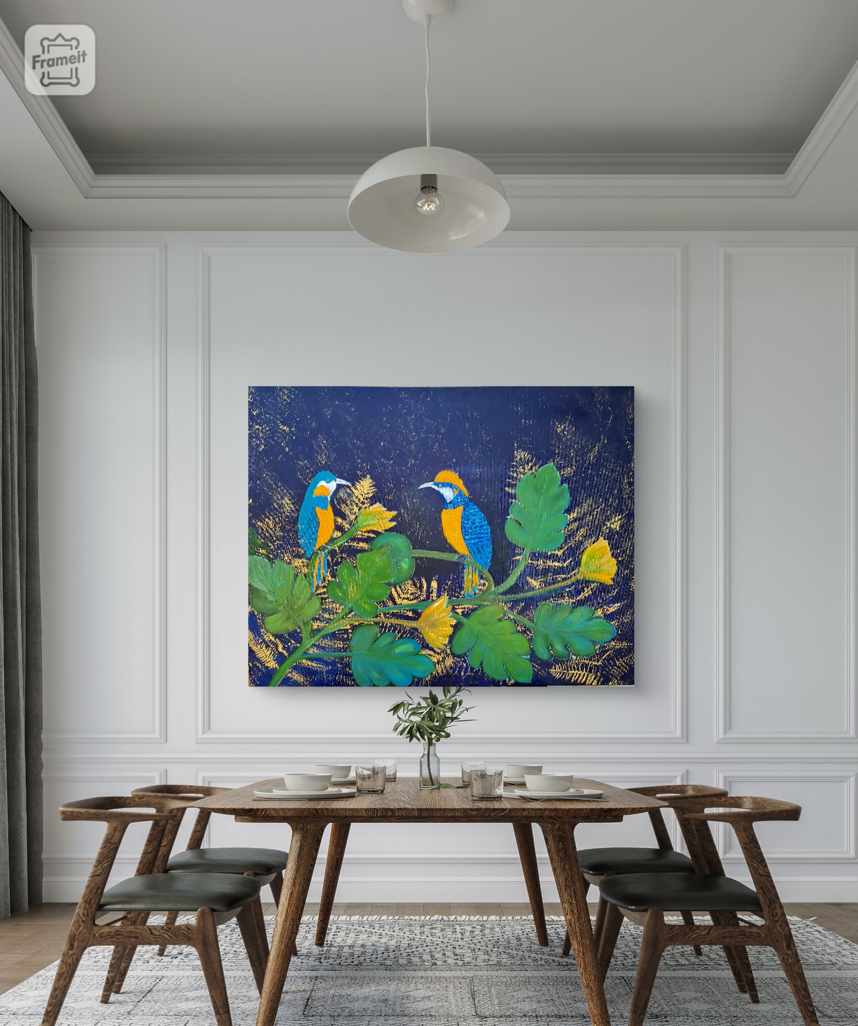 original abstract artwork featuring colorful parrots. This unique piece adds a lively touch to any space with its bold colors