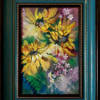 This original abstract floral painting captures the essence of sunflowers through a vibrant and imaginative lens