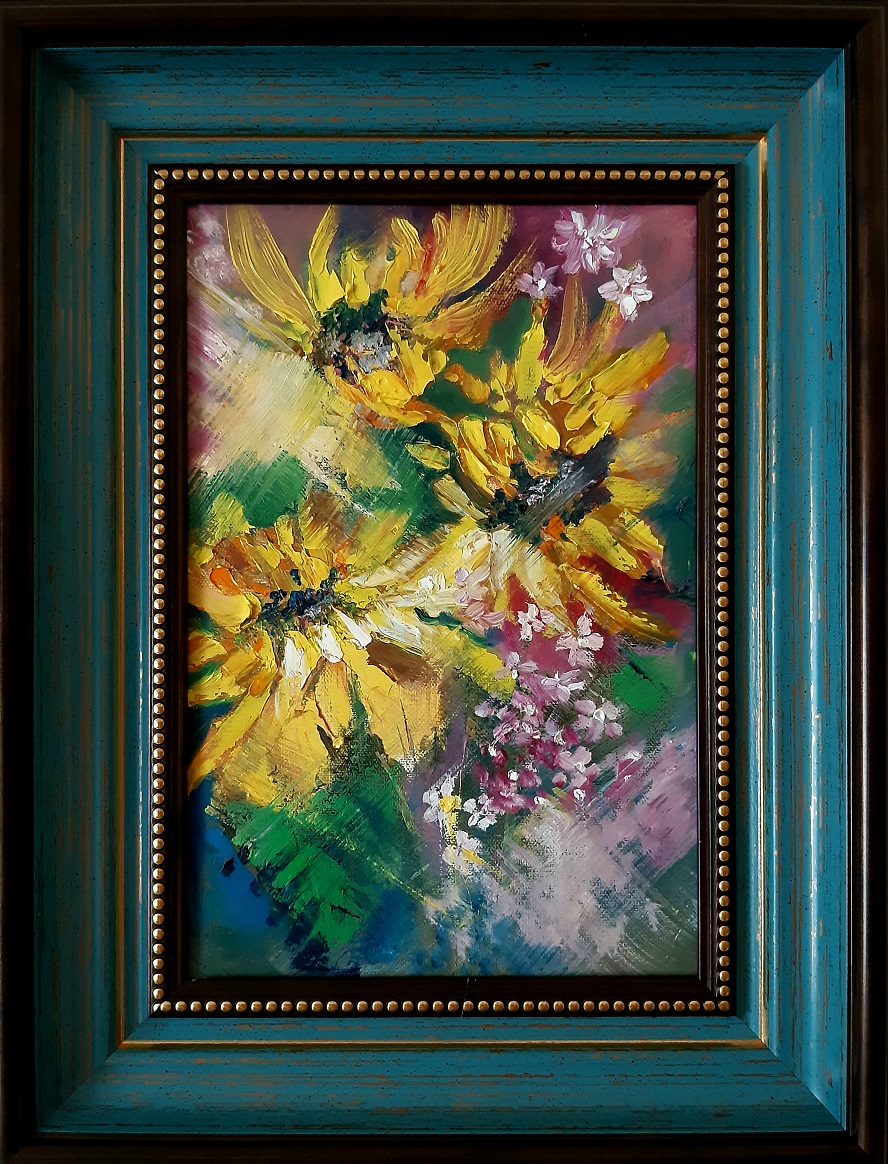 This original abstract floral painting captures the essence of sunflowers through a vibrant and imaginative lens