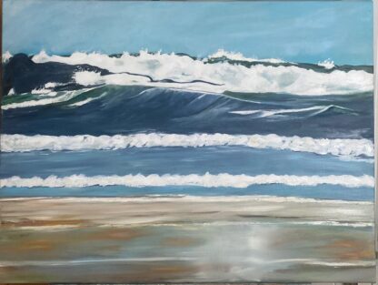 This seascape painting vividly captures the dynamic energy of waves crashing along the Wild Atlantic Way in Ireland.