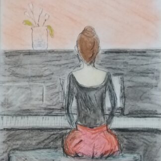 Pastel and ink drawing beautifully captures the elegance of a young woman playing the piano. Check out our large selection of art for sale